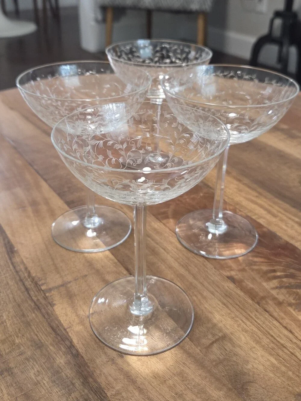 Vintage Etched Champagne Coupe Glasses Set of 4